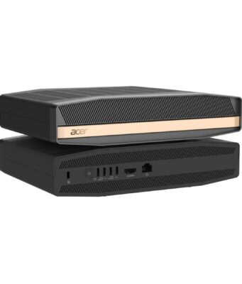 Acer SFF RTX Spark and Veriton RI110 Bring Agentic AI to Compact Desktops Acer SFF RTX Spark compact desktop shown front and rear on a white background.