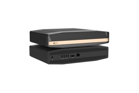 Acer SFF RTX Spark compact desktop shown front and rear on a white background.