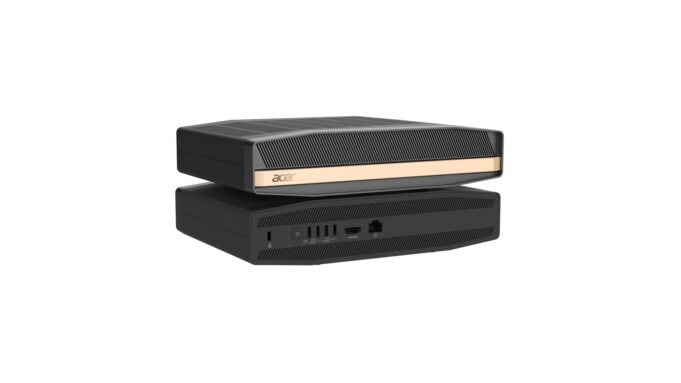 Acer SFF RTX Spark and Veriton RI110 Bring Agentic AI to Compact Desktops Acer SFF RTX Spark compact desktop shown front and rear on a white background.
