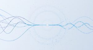 Abstract blue waveform artwork from Meta's Muse Voice Transcribe launch page.