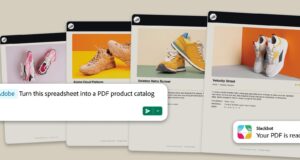 Adobe for Slack workflow turning a spreadsheet prompt into a PDF product catalog of sneaker cards.