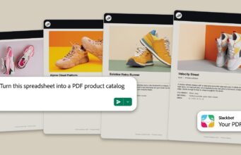 Adobe for Slack Brings 70+ Photoshop and Firefly Tools to Slackbot Adobe for Slack workflow turning a spreadsheet prompt into a PDF product catalog of sneaker cards.