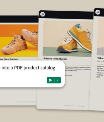 Adobe for Slack Brings 70+ Photoshop and Firefly Tools to Slackbot Adobe for Slack workflow turning a spreadsheet prompt into a PDF product catalog of sneaker cards.