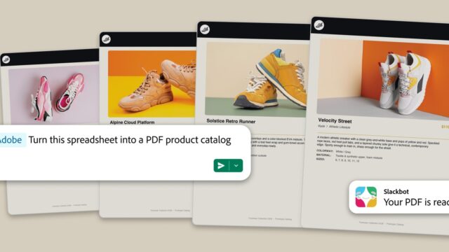 Adobe for Slack workflow turning a spreadsheet prompt into a PDF product catalog of sneaker cards.