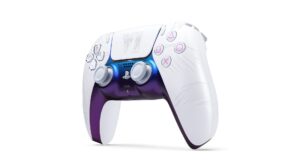White Grand Theft Auto VI limited-edition DualSense controller with pink buttons and iridescent blue center.