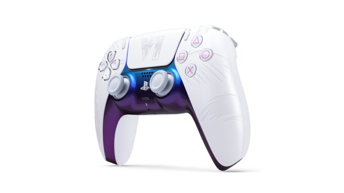 White Grand Theft Auto VI limited-edition DualSense controller with pink buttons and iridescent blue center.