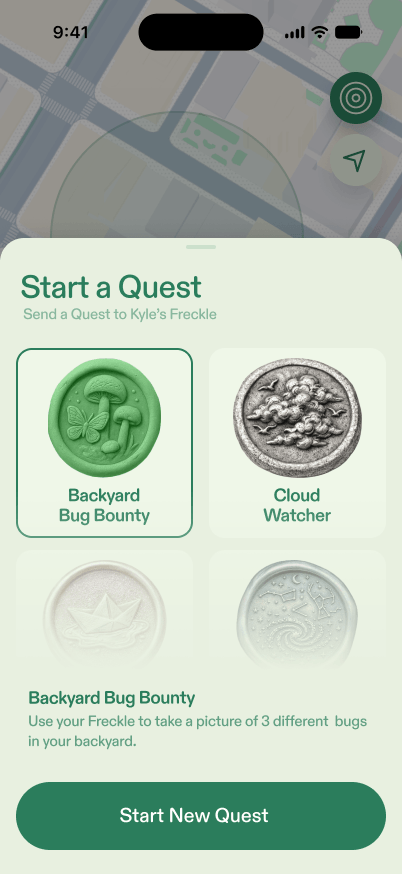 Freckle parent app preview showing a Backyard Bug Bounty quest and Start New Quest button