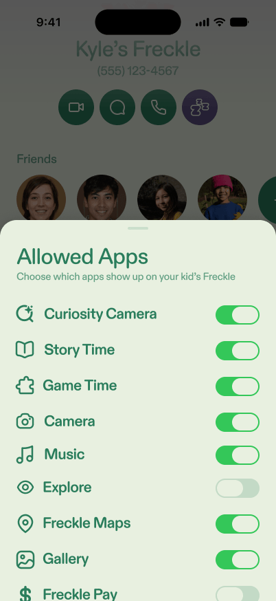 Freckle parent app preview showing Allowed Apps switches for camera, music, maps and other tools