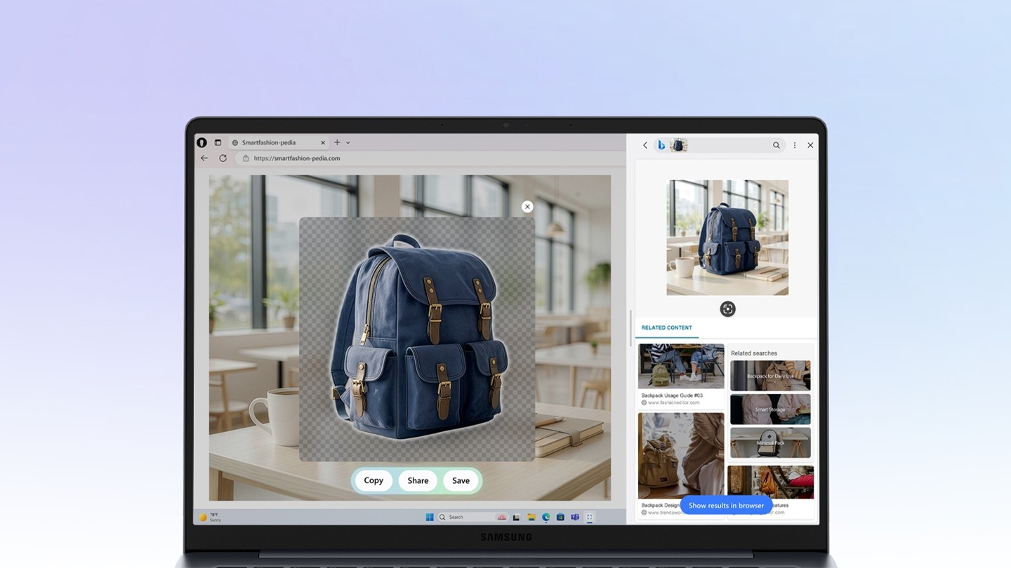 Galaxy Book6 screen showing AI Select cutting a backpack from a webpage
