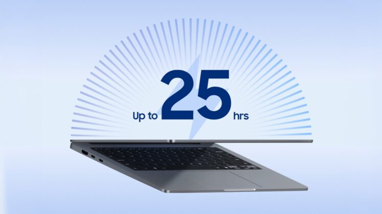 Galaxy Book6 open on a light blue backdrop with an up to 25 hours battery graphic