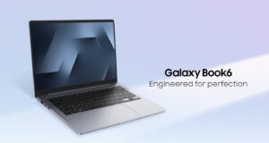 Galaxy Book6 starts at $799 with a 14-inch screen Open gray Galaxy Book6 on a light blue backdrop, screen and keyboard facing the camera