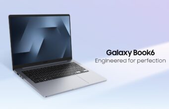 Galaxy Book6 starts at $799 with a 14-inch screen Open gray Galaxy Book6 on a light blue backdrop, screen and keyboard facing the camera