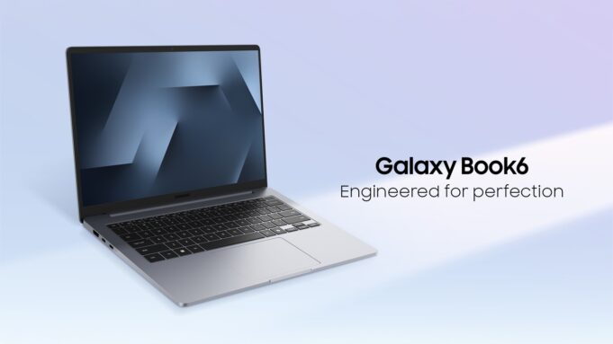 Galaxy Book6 starts at $799 with a 14-inch screen Open gray Galaxy Book6 on a light blue backdrop, screen and keyboard facing the camera