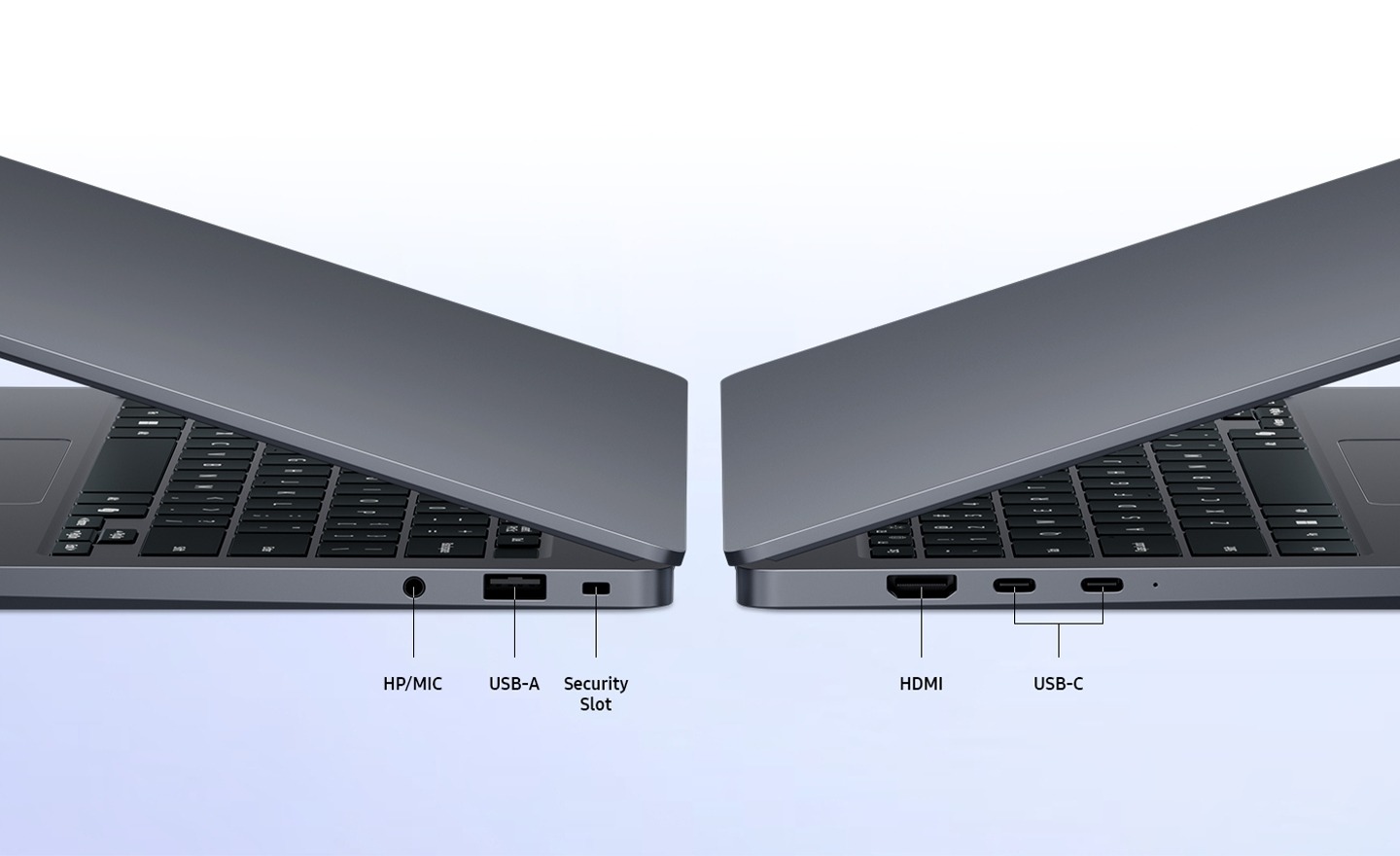 Labeled Galaxy Book6 side ports: headphone jack, USB-A, security slot, HDMI, and two USB-C
