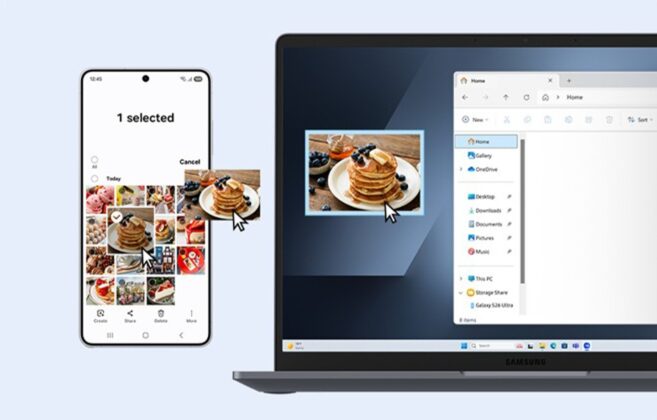 Galaxy phone photo of pancakes dragged onto a Galaxy Book6 desktop via Storage Share