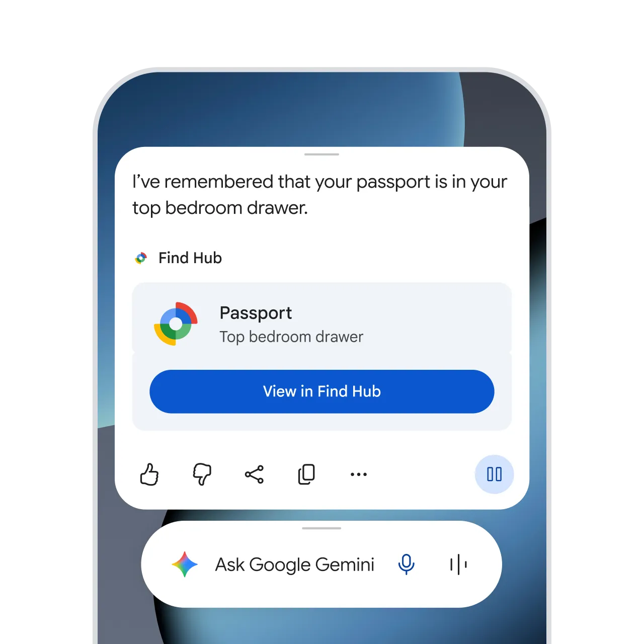 Gemini Find Hub confirmation showing a passport saved in the top bedroom drawer