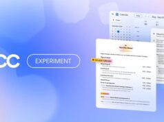 Google CC experiment graphic showing a family Your Day Ahead brief beside a shared calendar entry for a child's swim class