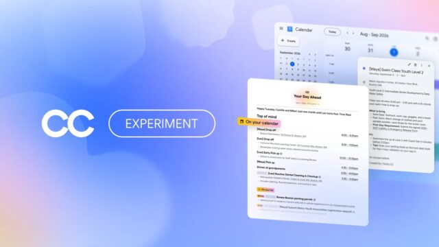 Google CC experiment graphic showing a family Your Day Ahead brief beside a shared calendar entry for a child's swim class