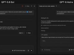 Side-by-side ChatGPT Work screens for GPT-5.6 Sol and GPT-6 Astra building a personal career website