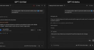 Side-by-side ChatGPT Work screens for GPT-5.6 Sol and GPT-6 Astra building a personal career website