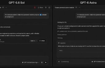 GPT-6 Astra rolls out as OpenAI’s flagship Side-by-side ChatGPT Work screens for GPT-5.6 Sol and GPT-6 Astra building a personal career website