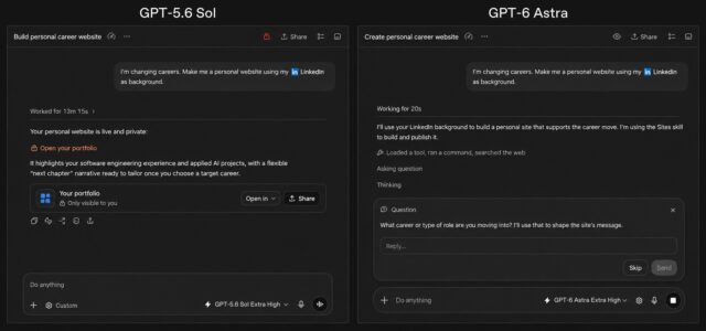 Side-by-side ChatGPT Work screens for GPT-5.6 Sol and GPT-6 Astra building a personal career website