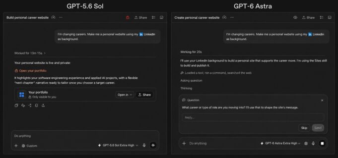 GPT-6 Astra rolls out as OpenAI’s flagship Side-by-side ChatGPT Work screens for GPT-5.6 Sol and GPT-6 Astra building a personal career website