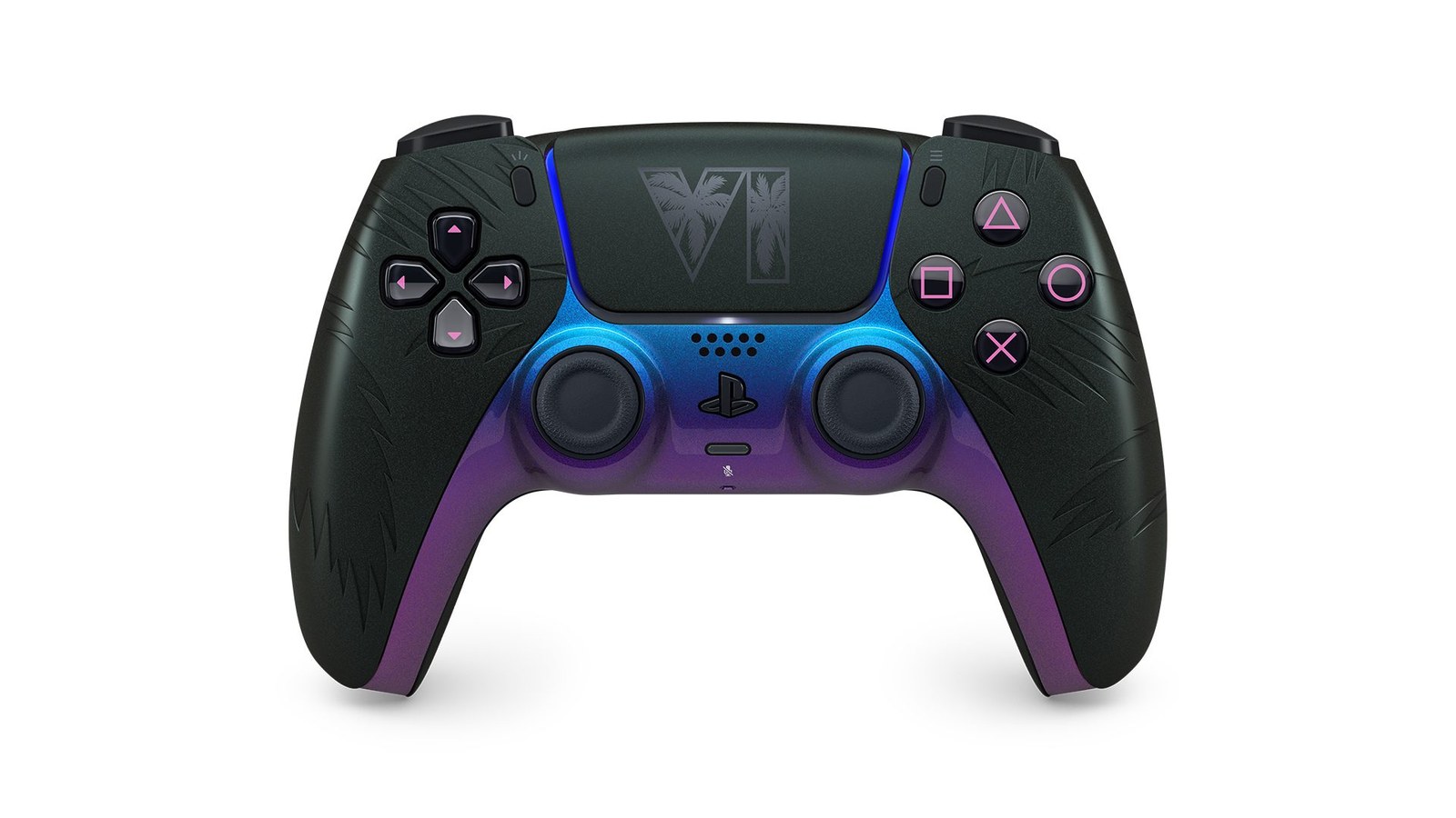 Black Grand Theft Auto VI limited-edition DualSense controller front view with pink buttons and iridescent blue center