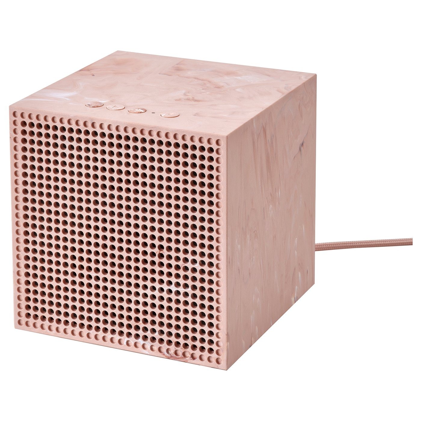Pink IKEA Badkruka cube speaker with a marbled finish and a pink power cable on a white background
