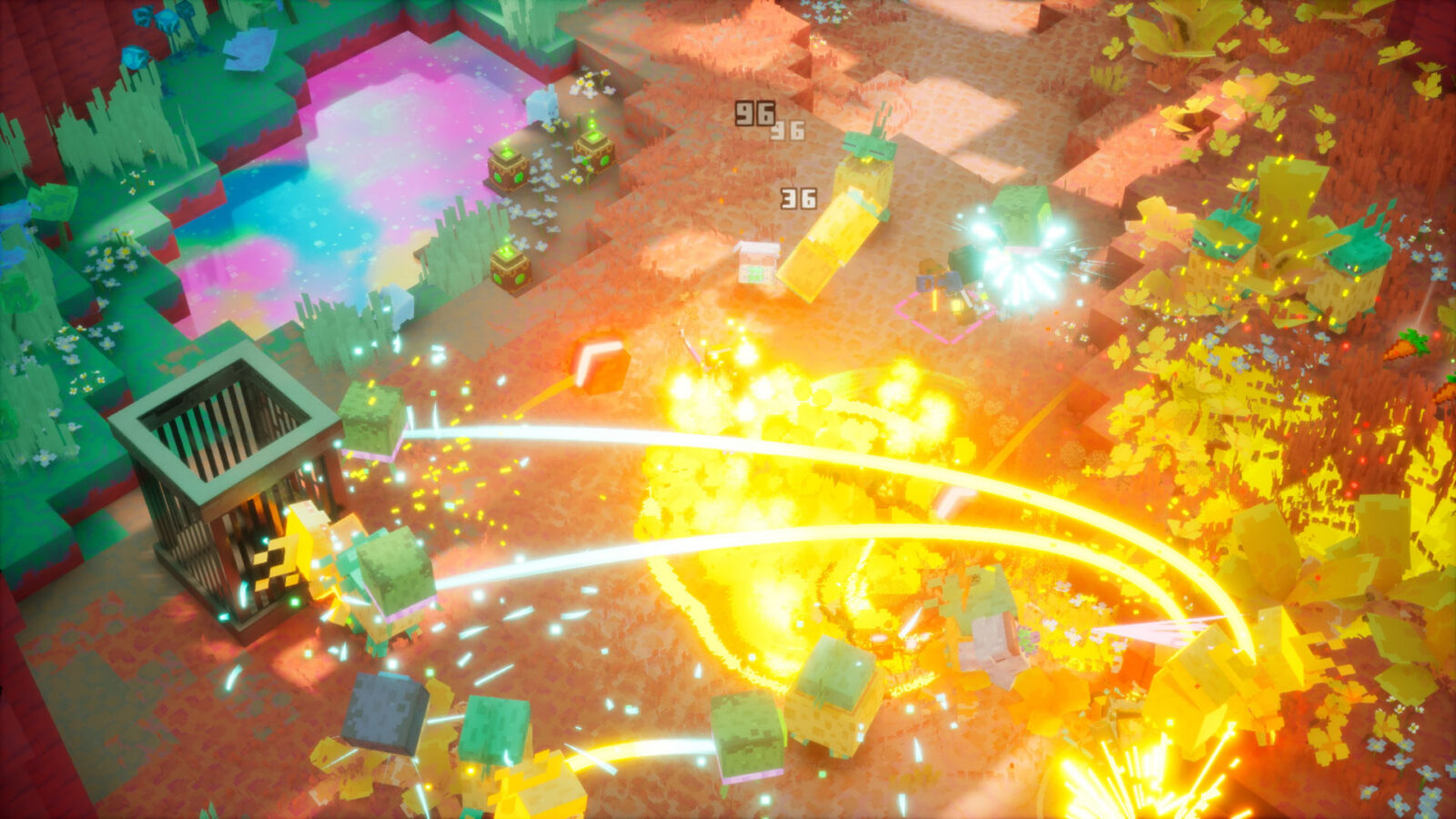 A hero fires energy beams into an explosion in Minecraft Dungeons II, with damage numbers floating above the battlefield