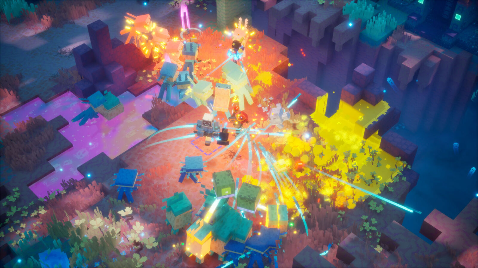 A hero fights mobs amid explosions in Minecraft Dungeons II, surrounded by pink pools and golden terrain