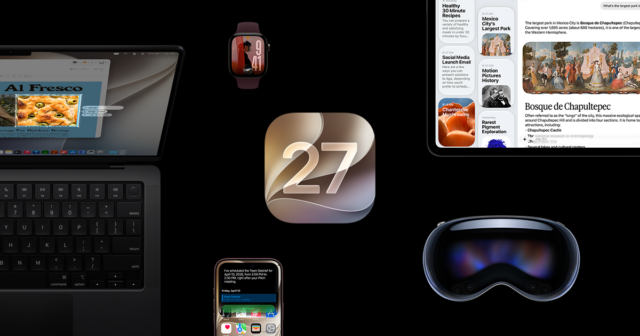 iOS 27 release date artwork from Apple showing the 27 icon and Siri AI across its devices