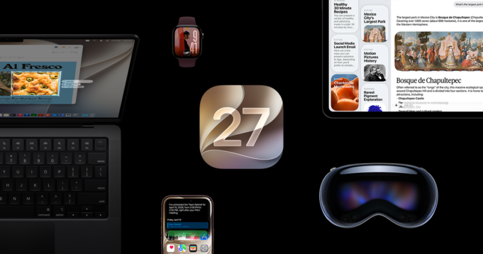 iOS 27 release date artwork from Apple showing the 27 icon and Siri AI across its devices