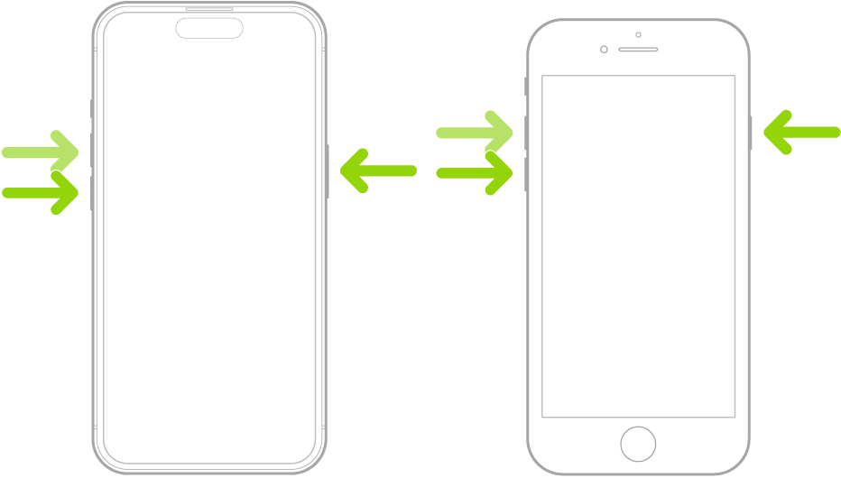 Apple diagram locating the volume and side buttons used for an iPhone force restart
