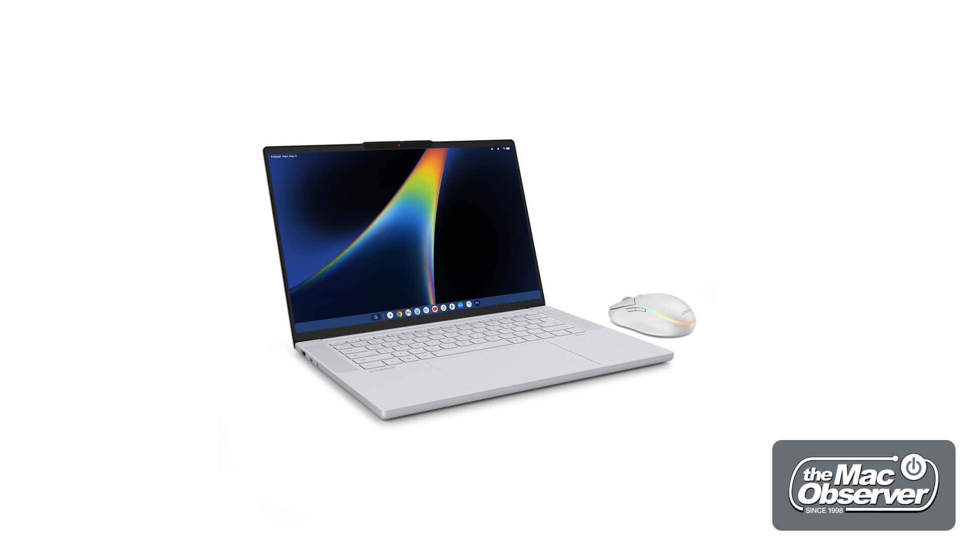 Lenovo Googlebook 15 beside the white Lenovo AI Mouse for Googlebook with its multicolor accent
