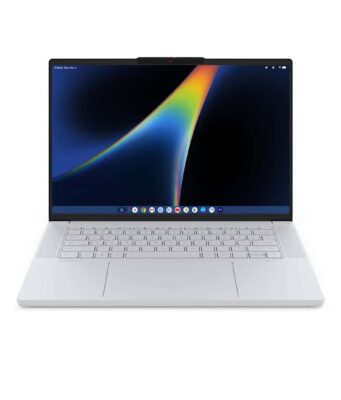 Lenovo Googlebook 15 render from the front, open, showing the 15.3-inch OLED display, thin bezels and Cloud Grey chassis