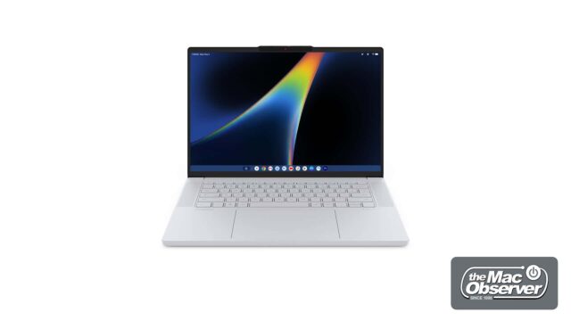 Lenovo Googlebook 15 render from the front, open, showing the 15.3-inch OLED display, thin bezels and Cloud Grey chassis