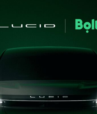 Lucid Bolt Robotaxi Deal Targets 25,000 Driverless Cars Across Europe Lucid and Bolt logos above the front of a dark Lucid SUV on a deep green background