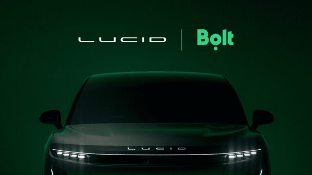 Lucid and Bolt logos above the front of a dark Lucid SUV on a deep green background