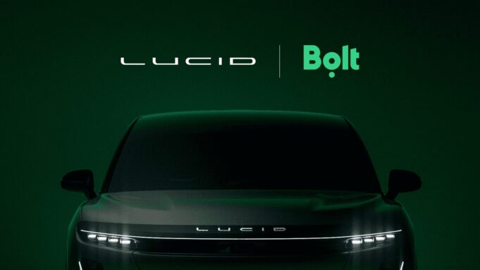 Lucid Bolt Robotaxi Deal Targets 25,000 Driverless Cars Across Europe Lucid and Bolt logos above the front of a dark Lucid SUV on a deep green background