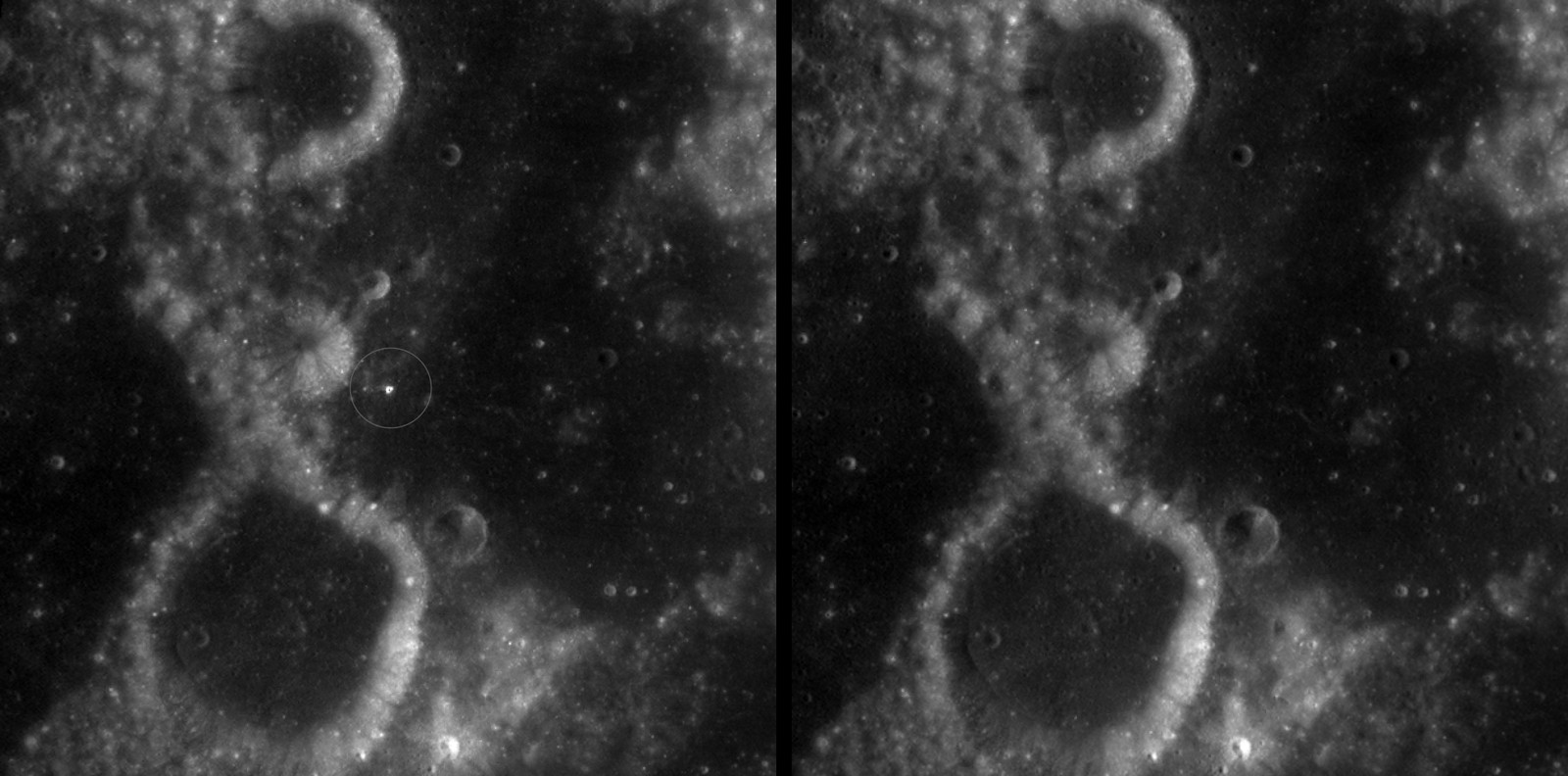 Two grayscale Wide-Angle Camera views of the same lunar terrain, with a small bright spot circled in the newer image on the left and absent from the 2011 image on the right