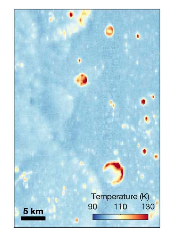Animated two-frame temperature map of the Moon's surface, with a dark blue cold spot appearing around McGetchin crater in the after frame