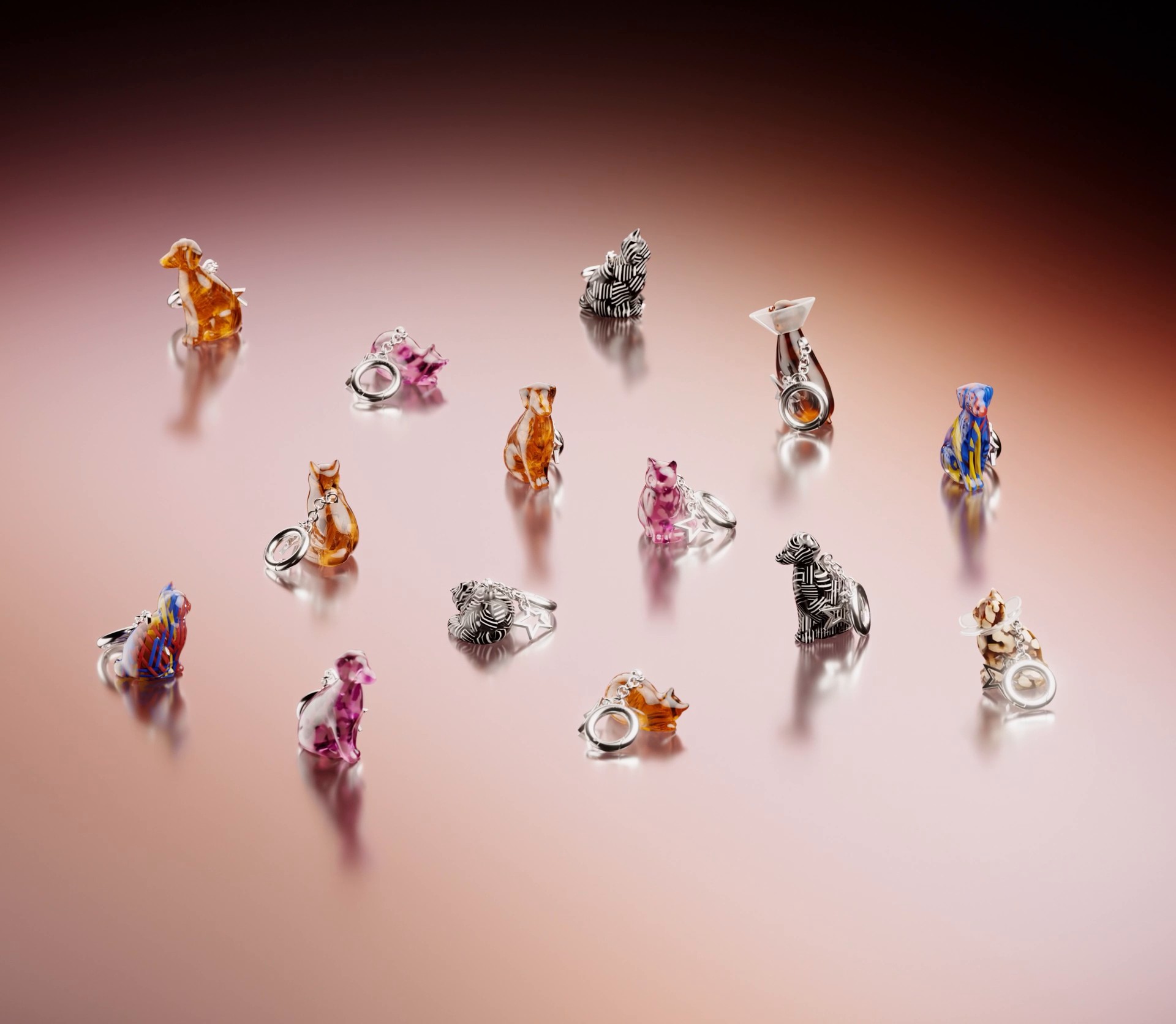 Fourteen Meta Glasses by LISA collectible pet charms in amber, pink, and black-and-white finishes