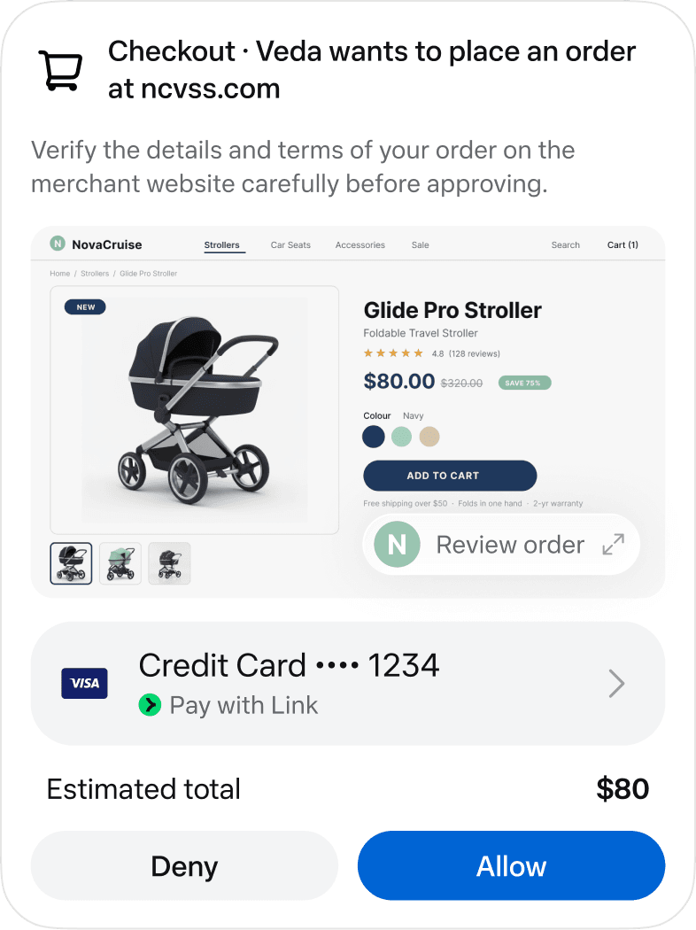 Muse checkout approval example with order details and Allow and Deny buttons