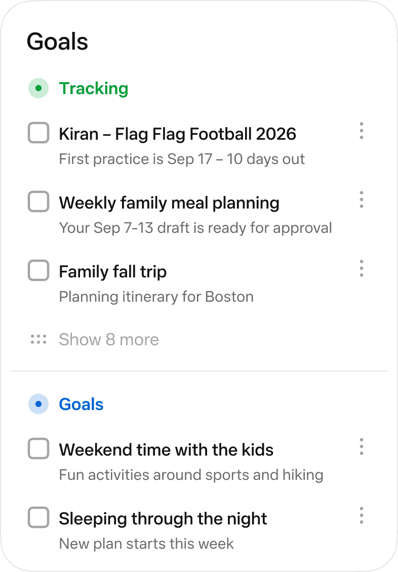 Meta Muse launch Goals screen showing tracked tasks and plans