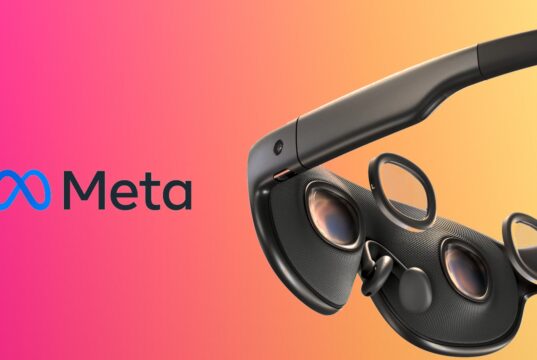 Meta's side render of the Phoenix mixed reality headset with the Meta logo on a pink-to-gold Tech My Money backdrop