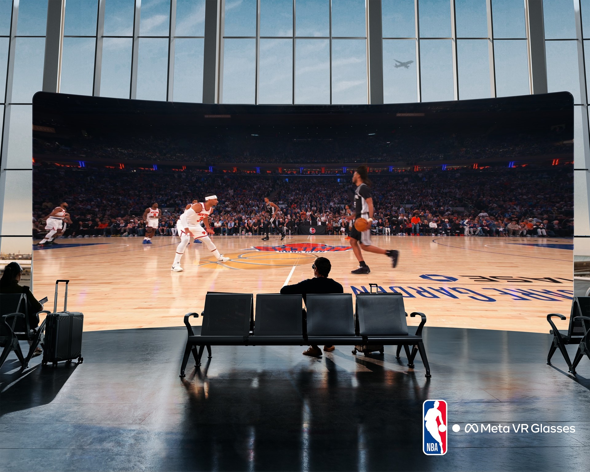 An NBA game shown on a giant virtual screen inside an airport lounge in Meta VR Glasses