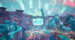 A glowing rift portal opens in The Sift dimension under an aurora sky