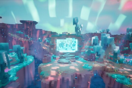 A glowing rift portal opens in The Sift dimension under an aurora sky