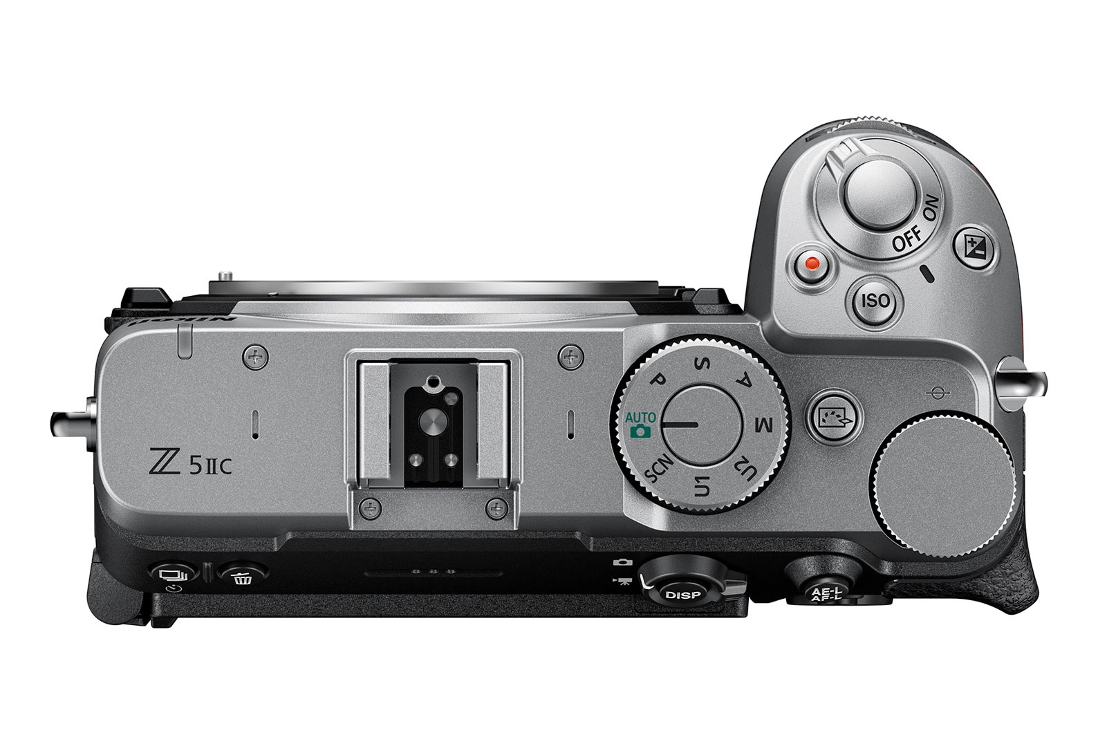 Top view of the Nikon Z5IIC showing its flat top and mode dial
